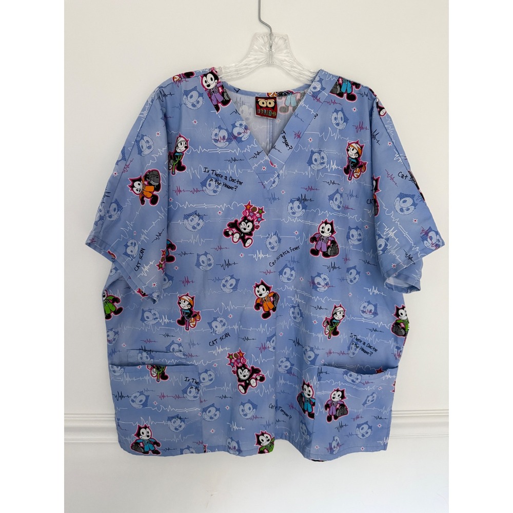 Vintage Felix the Cat Scrub Top XL Medical Puns Cartoon Nursing Blue V-Neck Rare